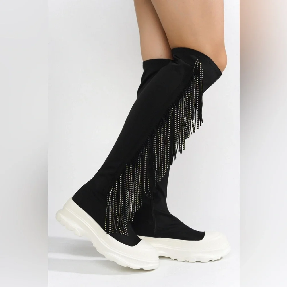 ARETHA - BLACK - BOOTS by CAPE ROBBIN Over-the-Knee Boots with Fringe Detailing